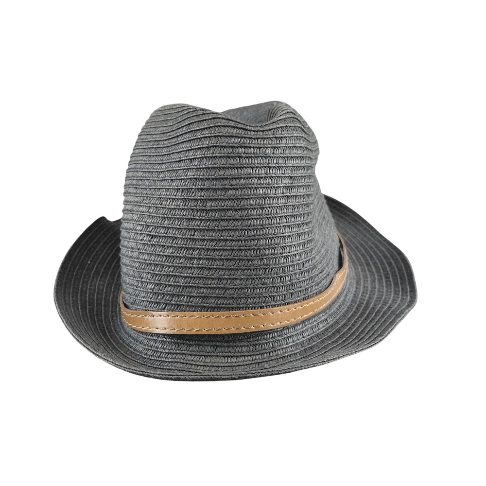 Nordstrom Women Charcoal Gray Woven Paper Straw Fedora Hat Tan Leather Band